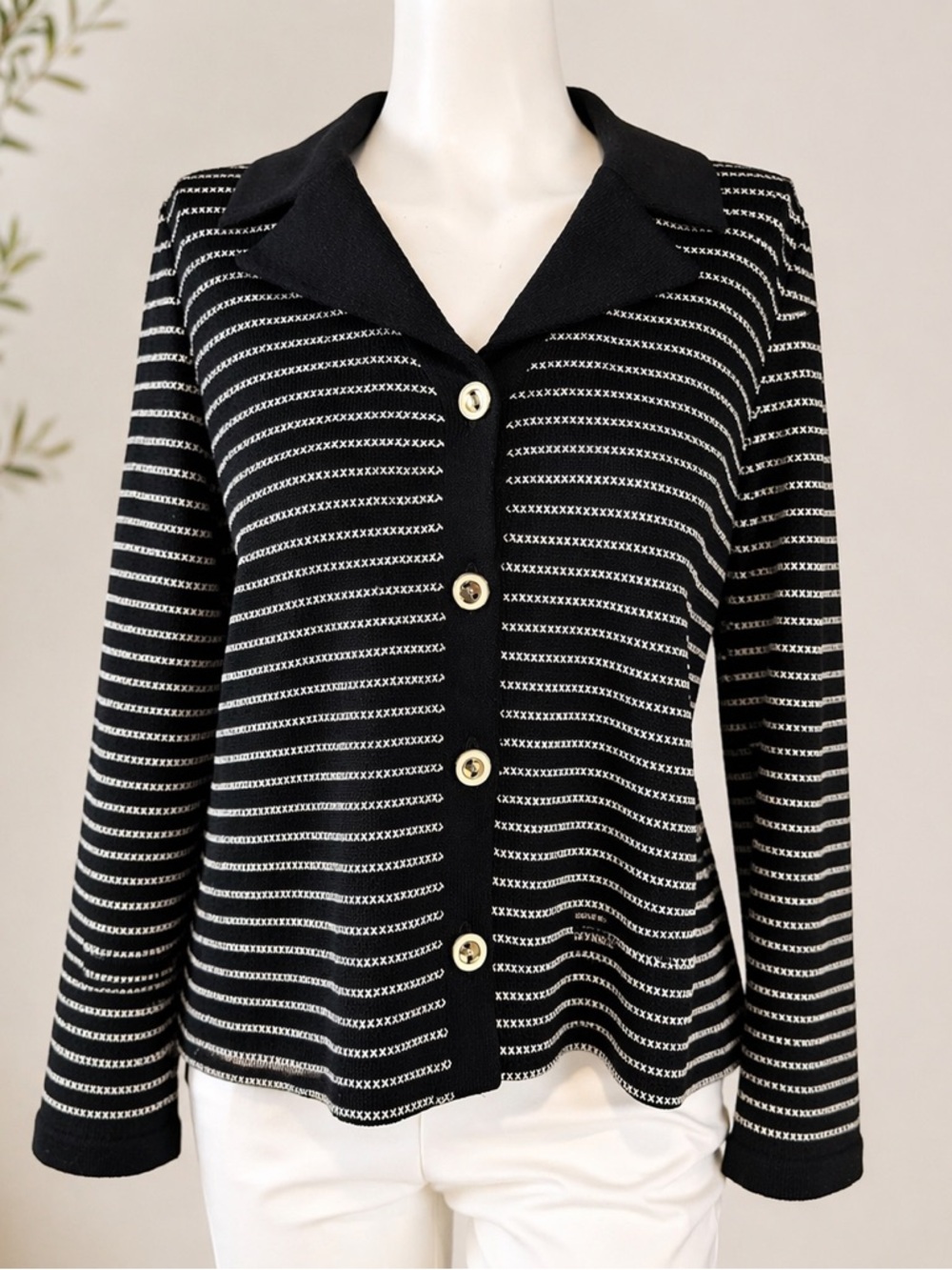 St. John Collection Knit Jacket Blazer Black Stripe Gold Buttons Sz 12